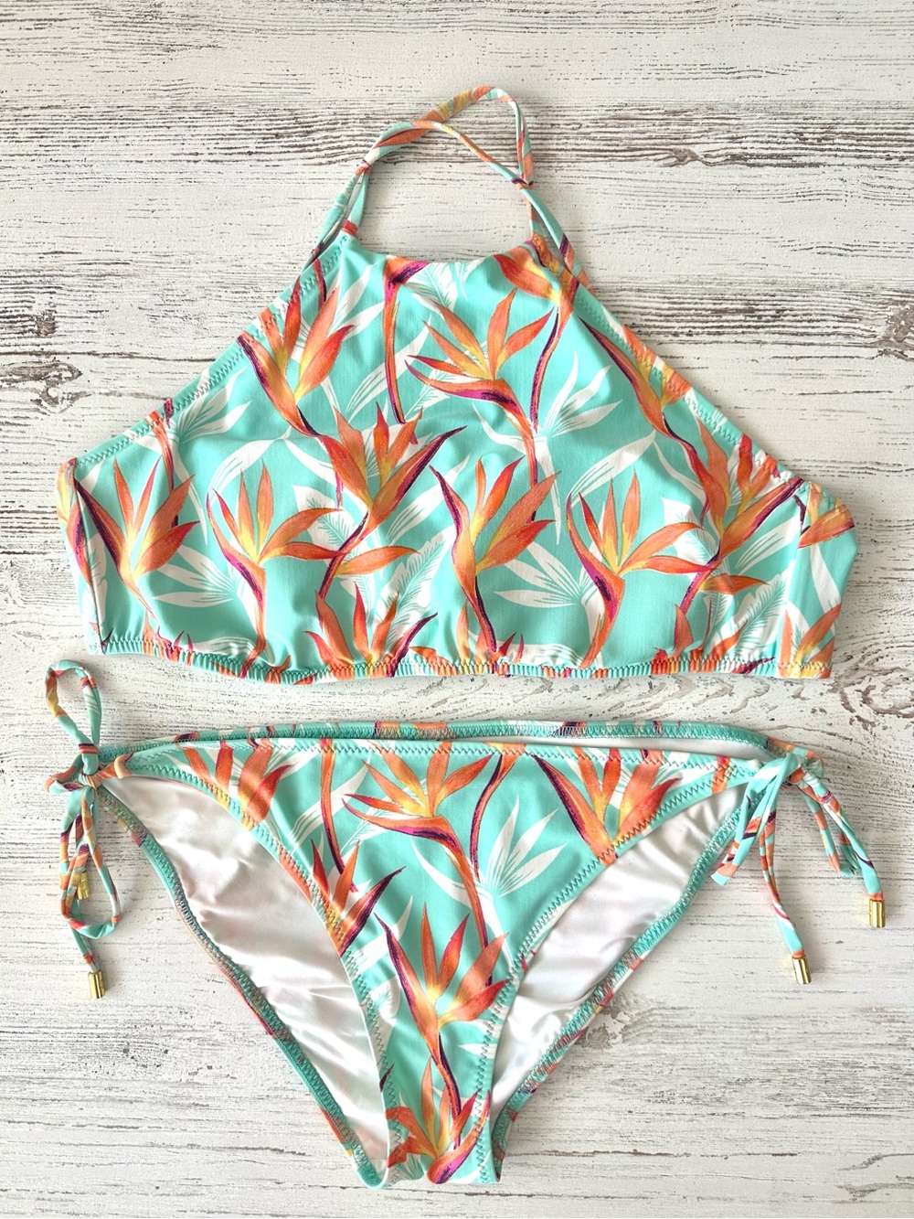 HELEN JON High Neck Halter String Bikini Set L Tropical Botanical